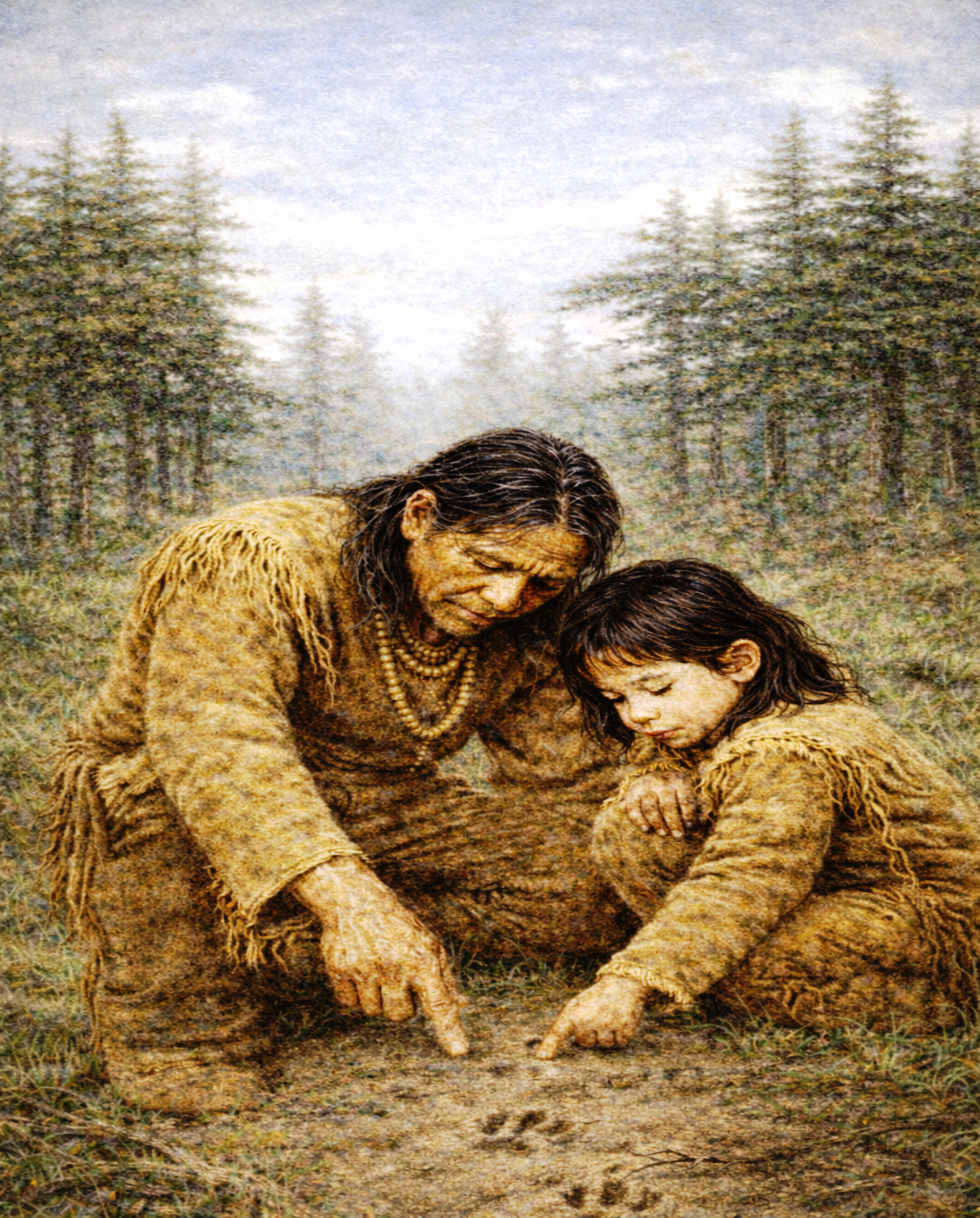 1880s Native American man showing his young 4 year old son animal tracks