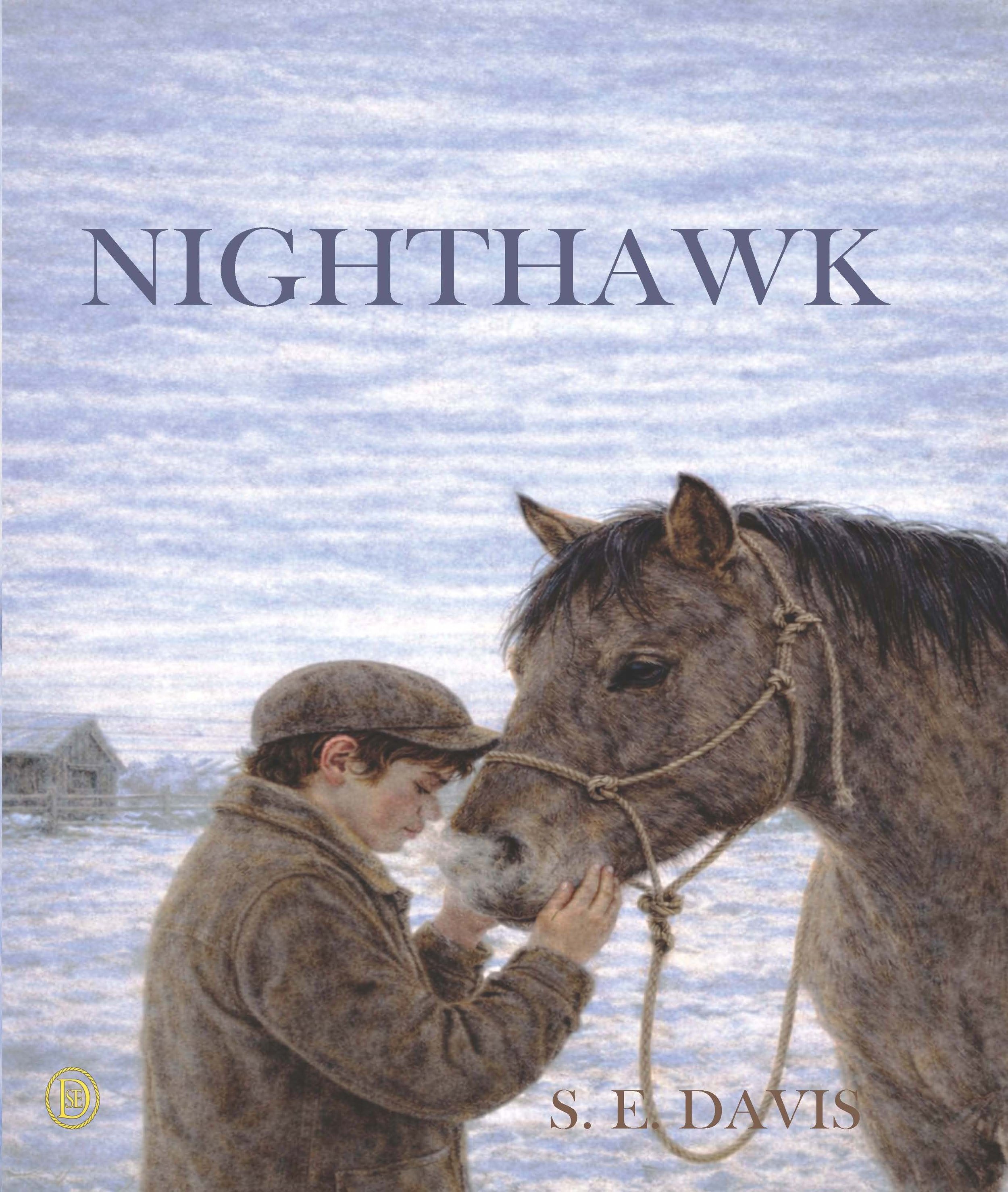 Grullo colored horse with a boy standing in front of him, hands cupped on his muzzle in an exchange of breath on a cold winter's day