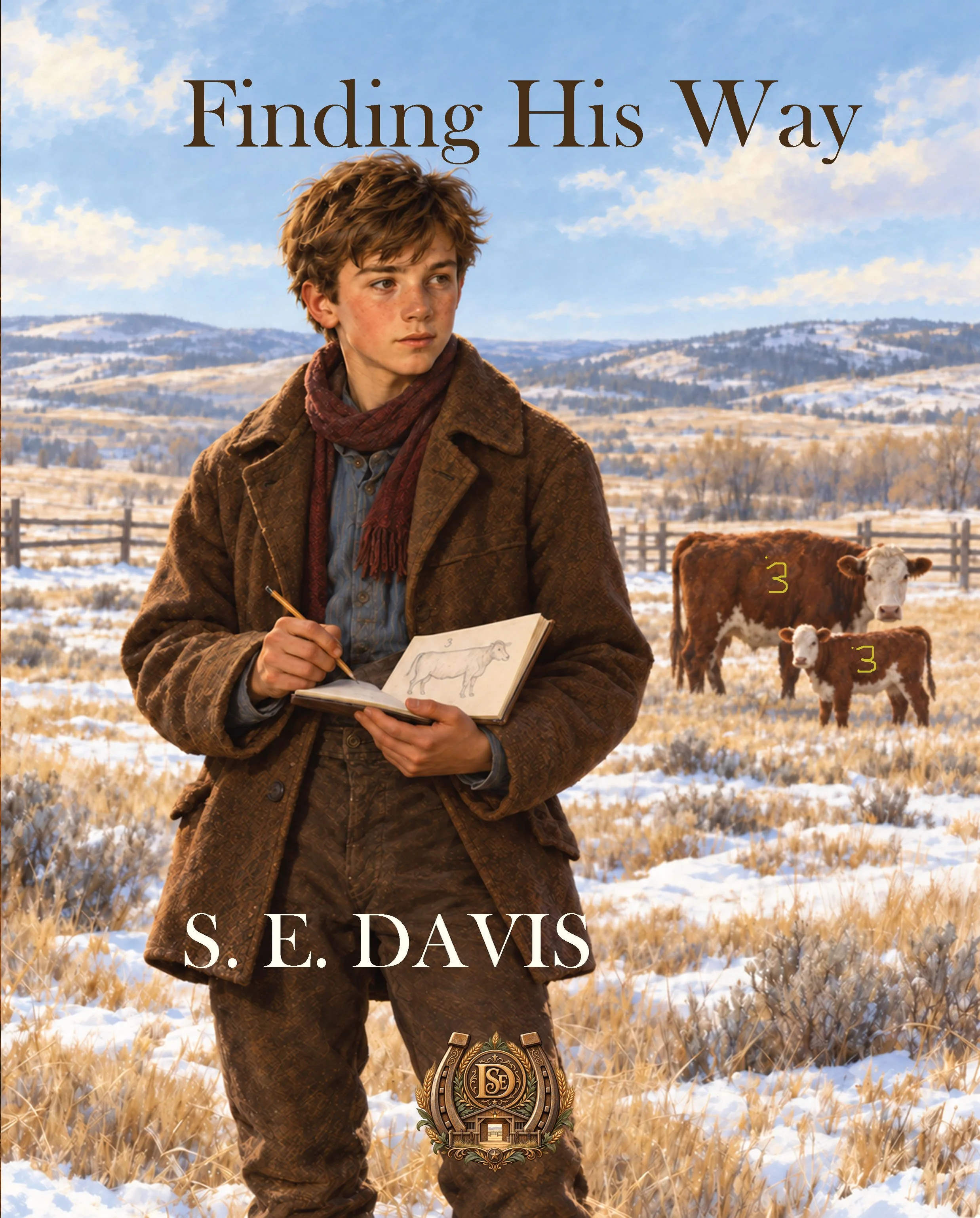 cover for finding his way by s. e. davis, brown haired teenage boy stands in pasture with a notebook and pencil, light snow on the ground, cow and calf with 3 on side stands in the background.