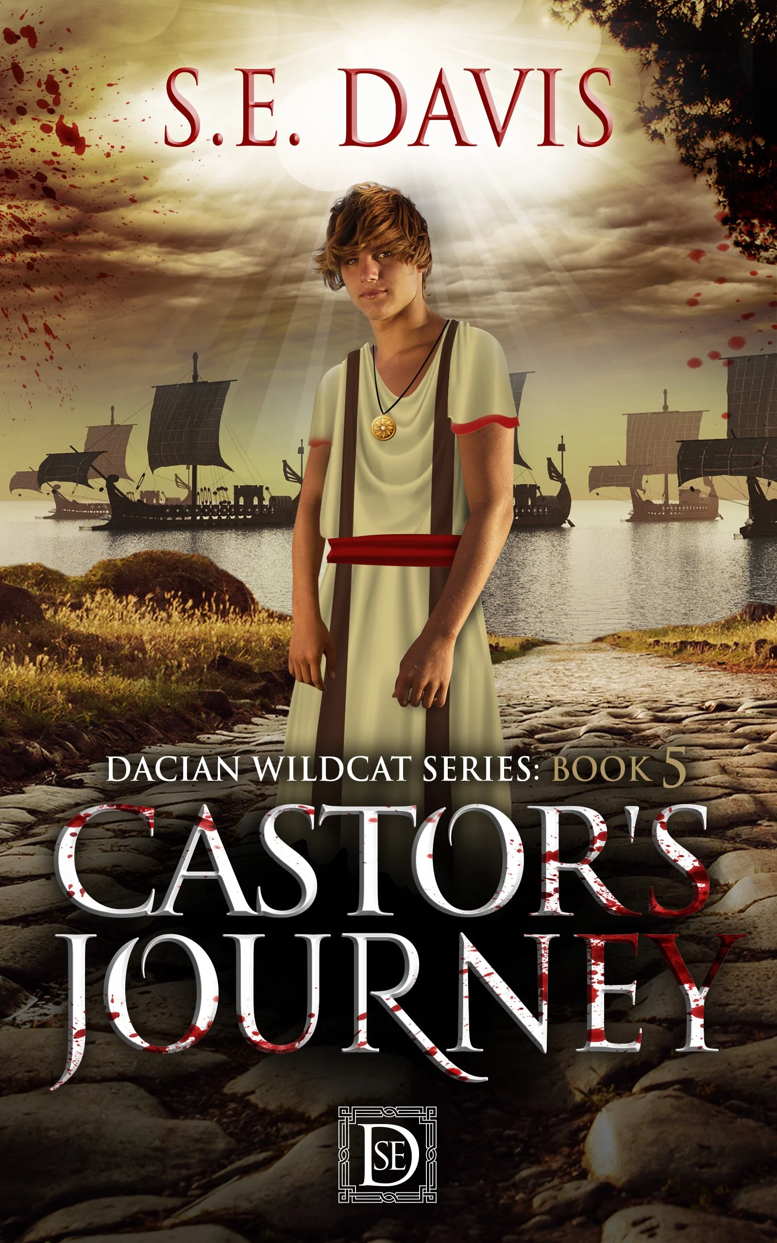 Roman teenage boy wearing tunic in foreground, ships in the harbor in the background