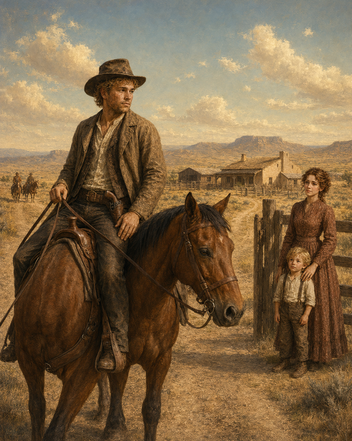 frontier man riding on a malformed horse woman and five year old boy at a gate man on road in background there's a house behind woman and child and riders up the road.