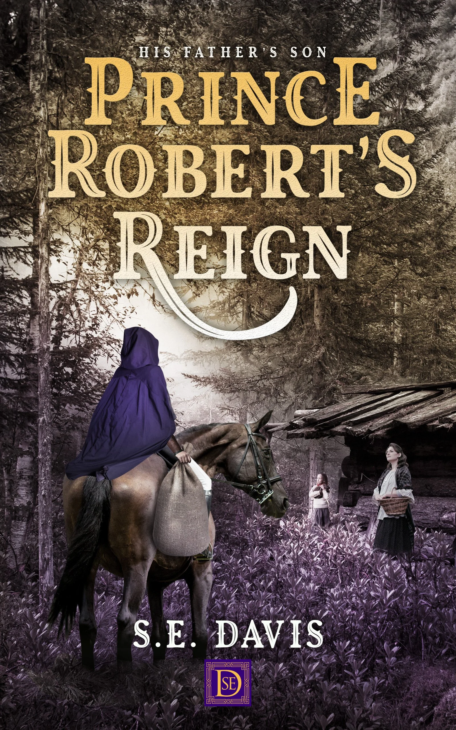 cloaked rider approaching a cabin in the woods with woman and little girl outside