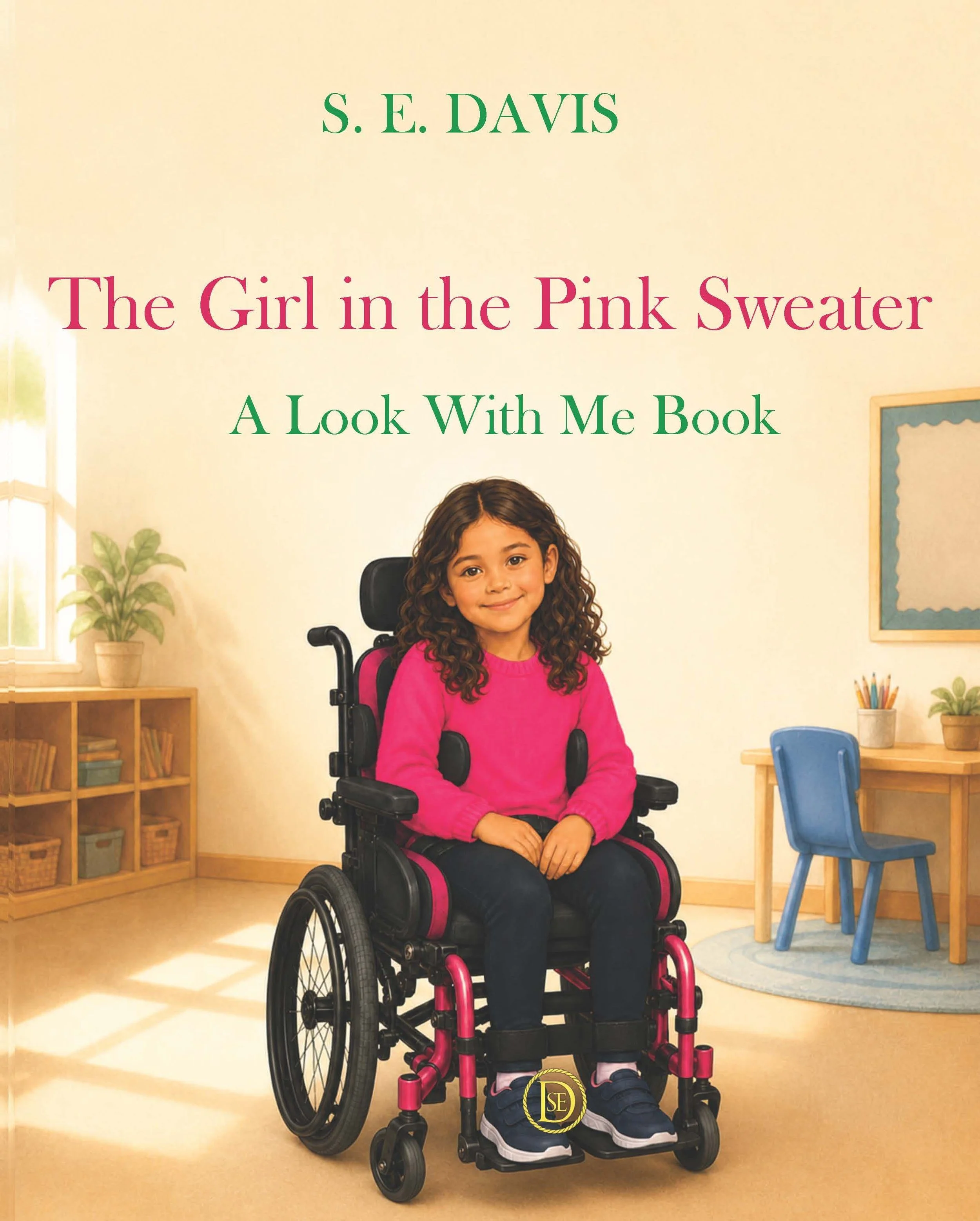 dark haired girl wearing a pink sweater sitting in a wheelchair in a clutter free room