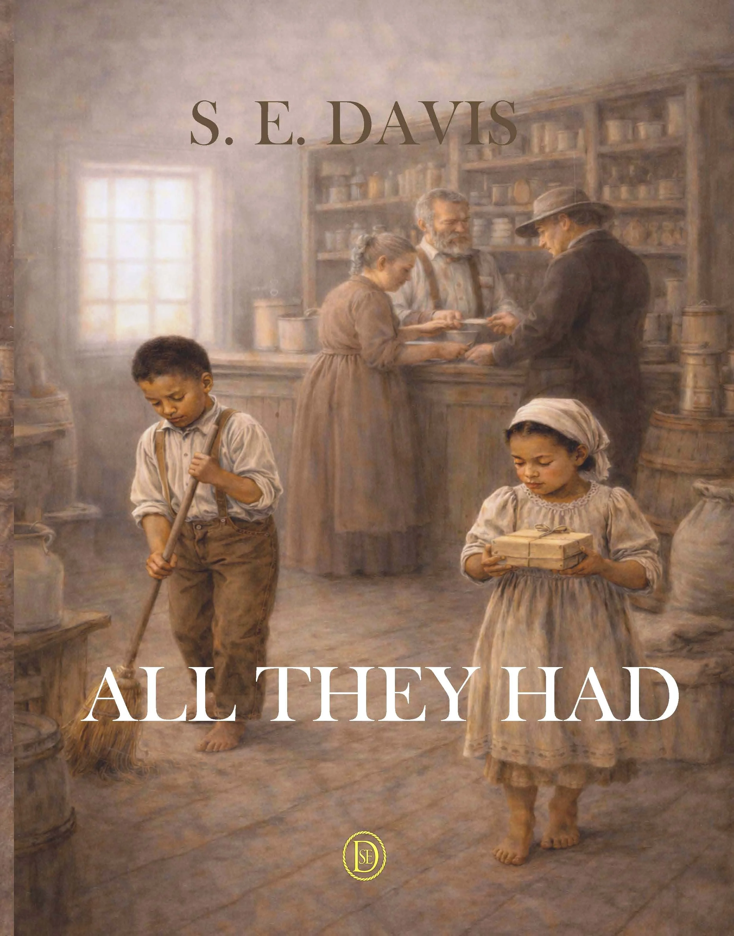Scene in a mid1800s general store, two African American children in the foreground, boy (6) is sweeping, girl (5) is carrying a package, three adults Caucasian adults talking at the counter