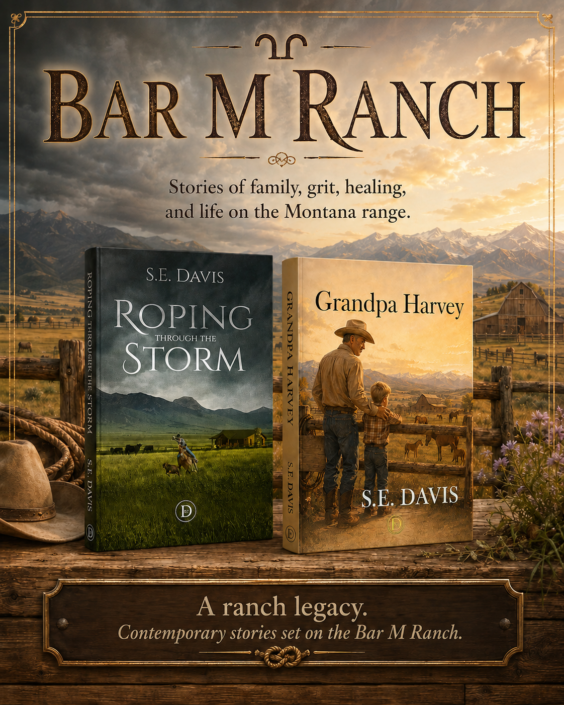 Collage of Bar M Ranch stories, Roping Through the Storm and Grandpa Harvey, stories of family, grit, healing, and life on the Montana range, a ranch legacy, Contemporary stories set on the Bar M Ranch