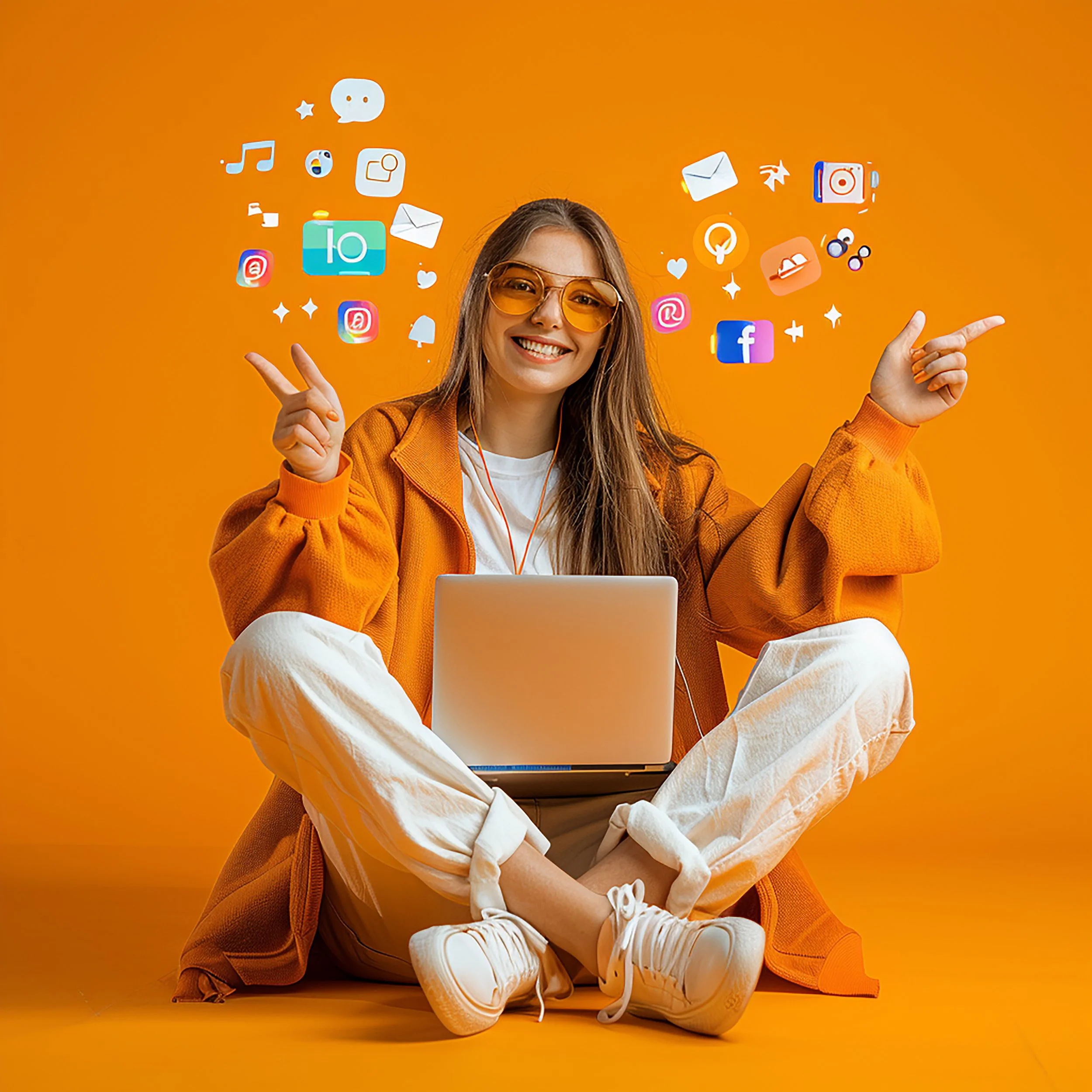 Joven mujer sonriendo sentado en el suelo con un portátil en las piernas, rodeada de iconos de redes sociales y aplicaciones flotando en el aire sobre un fondo naranja.