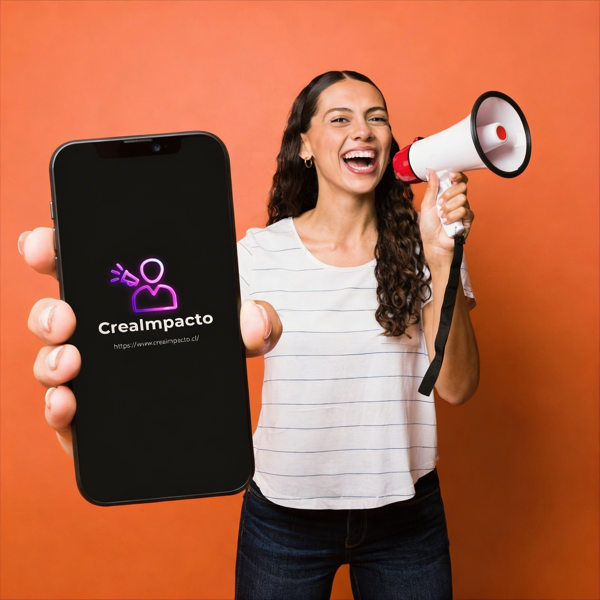 Mujer sonriendo con camiseta blanca y jeans, sosteniendo un teléfono móvil con el logo de Crealmpacto en pantalla y un megáfono en mano, en fondo naranja.