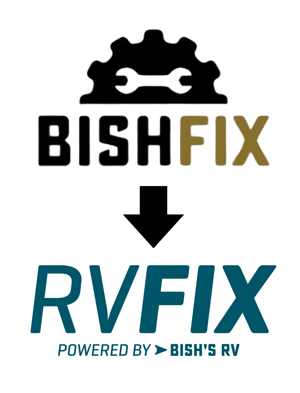 The original BishFix logo and the updated RVFix logo