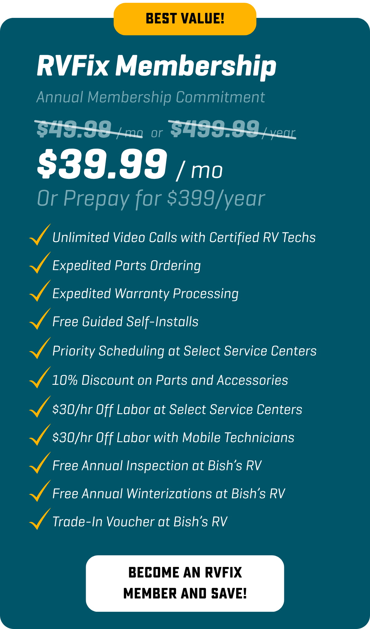 Get Unlimited Video Calls, Expedited parts and warranty, discounts on parts and labor, and priority scheduling with an RVFix Membership