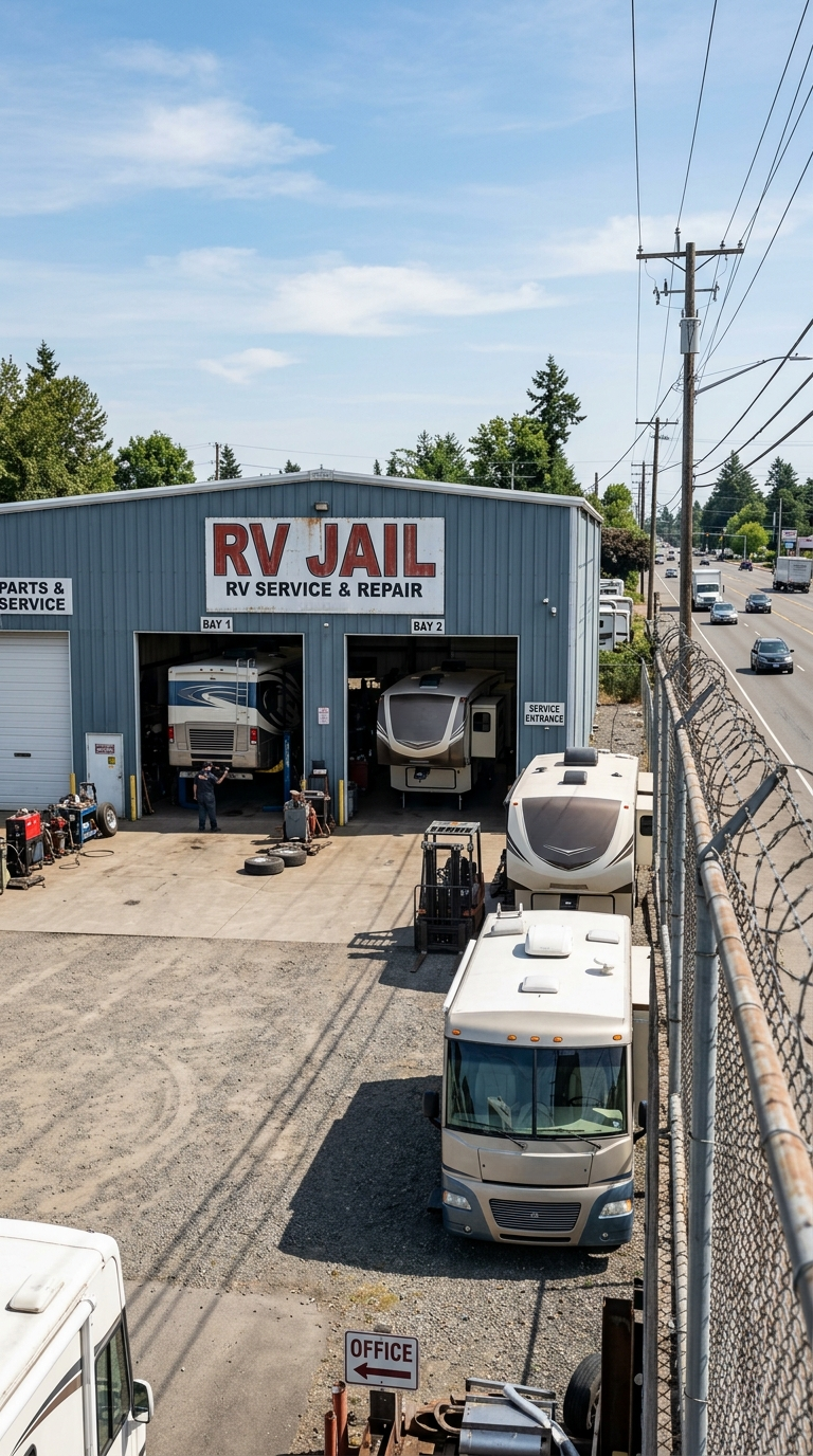 A depiction of RV Jail - a Traditional RV Service Center