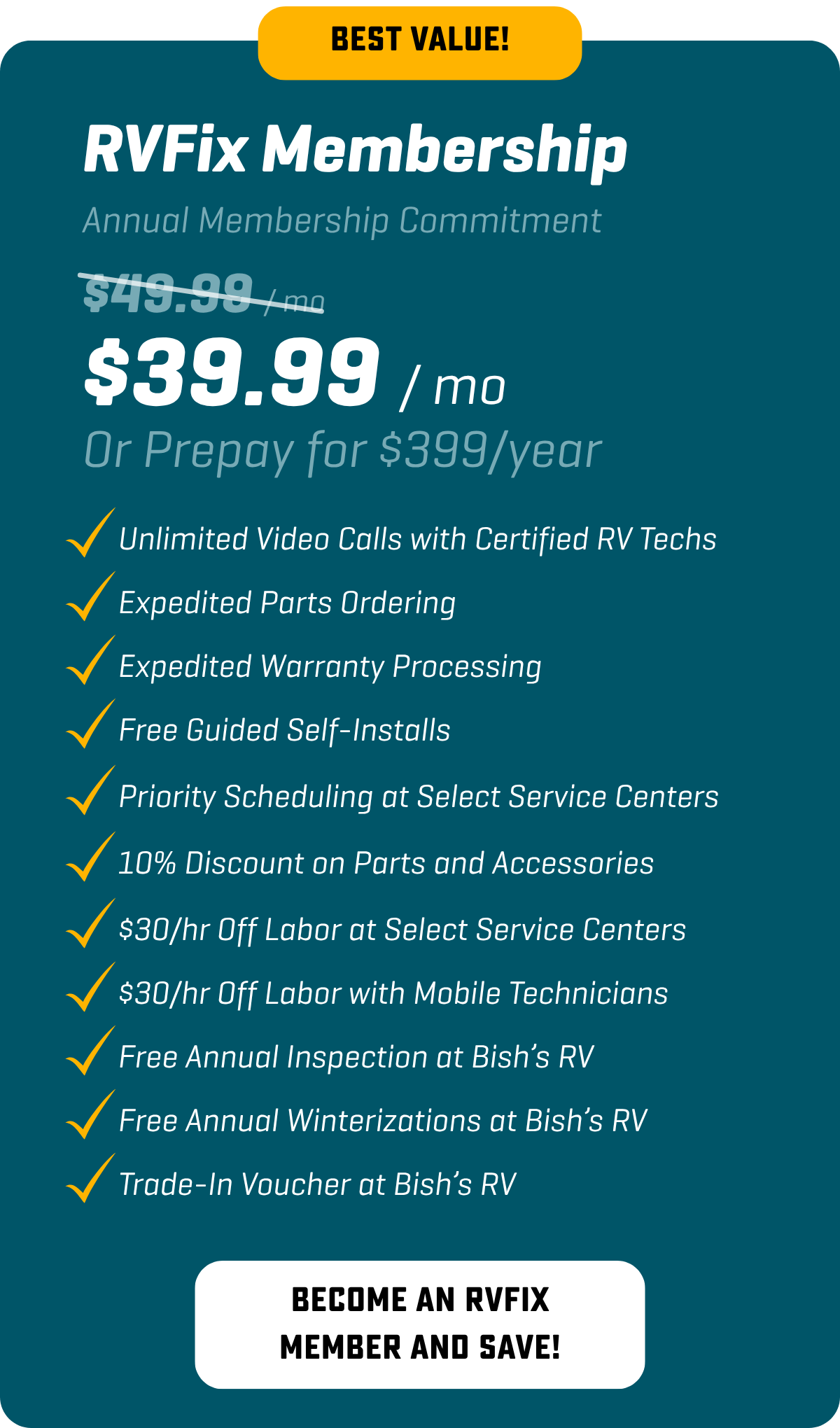 Get Unlimited Video Calls, Expedited parts and warranty, discounts on parts and labor, and priority scheduling with an RVFix Membership