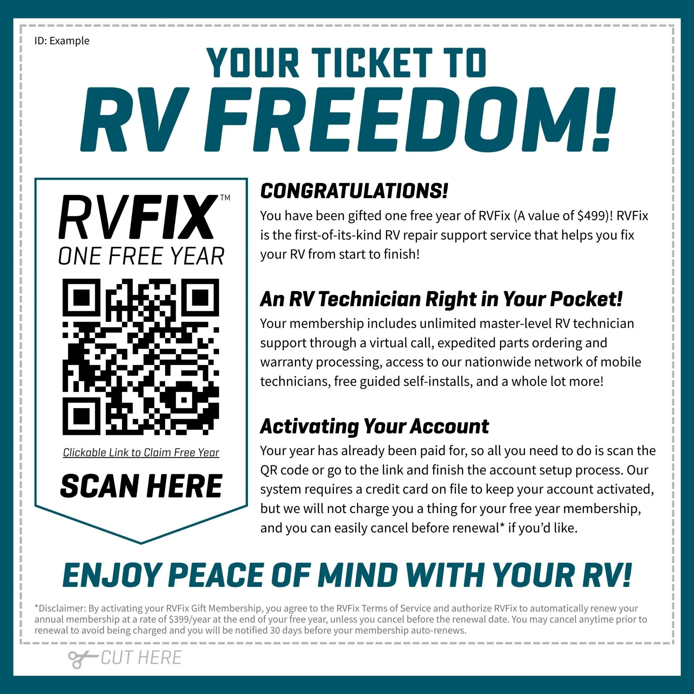 An example of an RVFix gift membership offering one free year, featuring a QR code and instructions to scan or click to claim.
