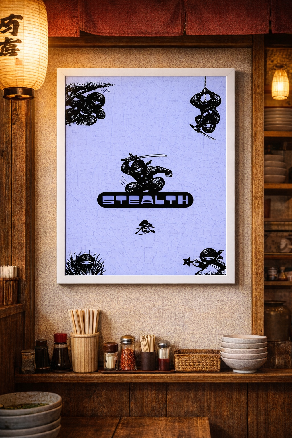 Ninja-themed decor in ramen shop.png