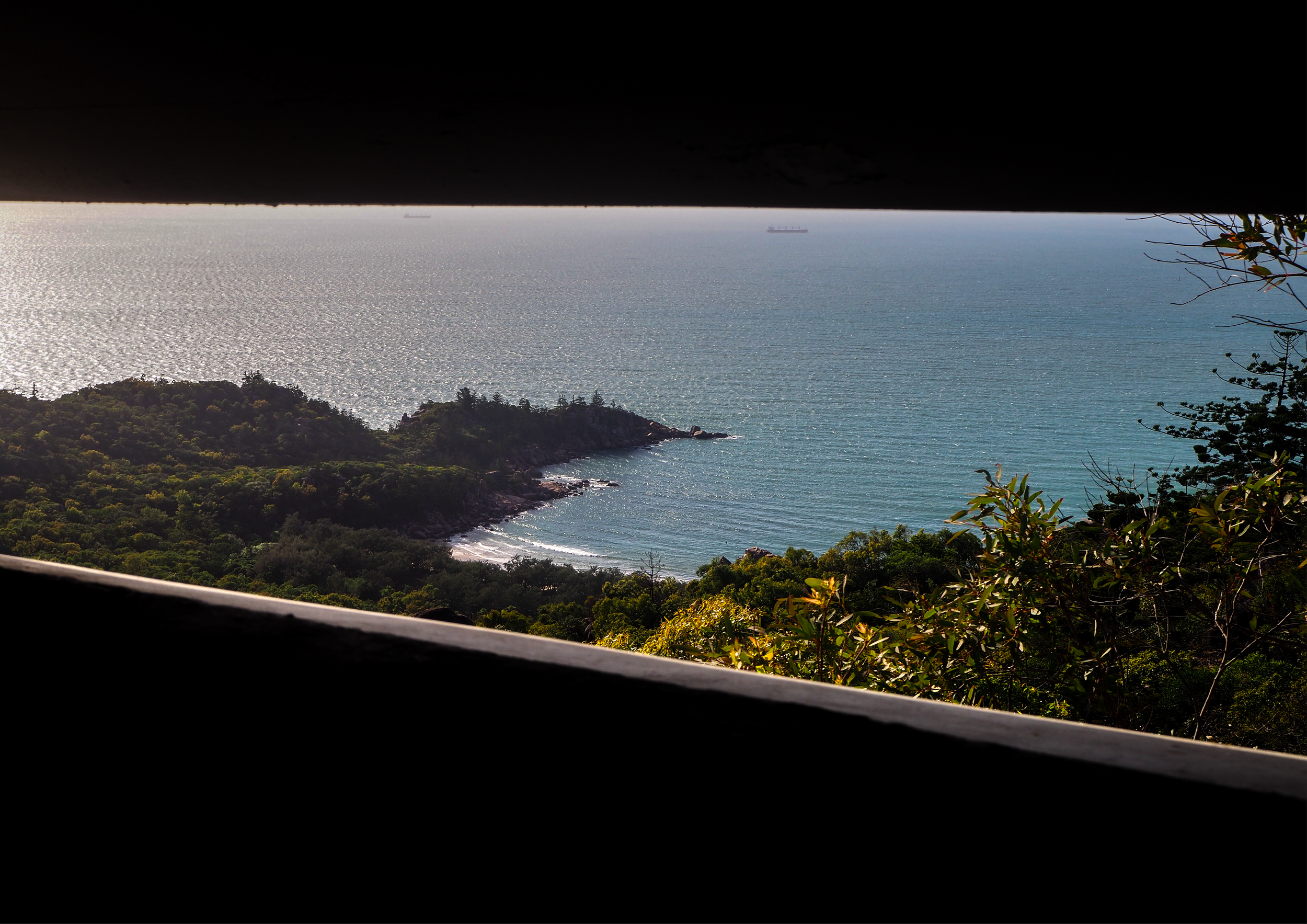 View of a body of water with a distant cargo ship, framed by a dark opening at the top and foliage on the right side.