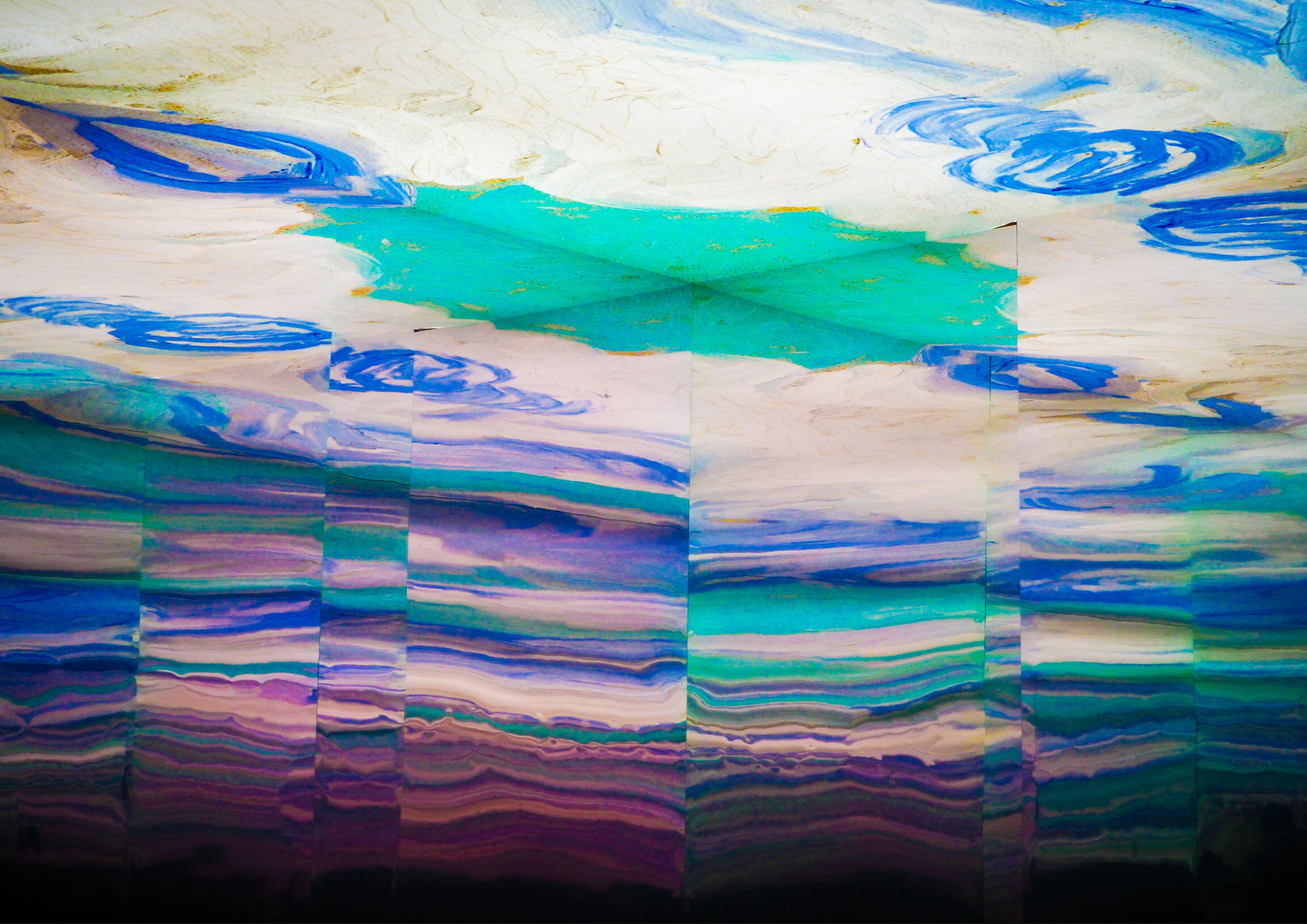 Abstract digital artwork with swirling blue and green shapes on a pale background, with horizontal colored lines and mosaic-like texture.