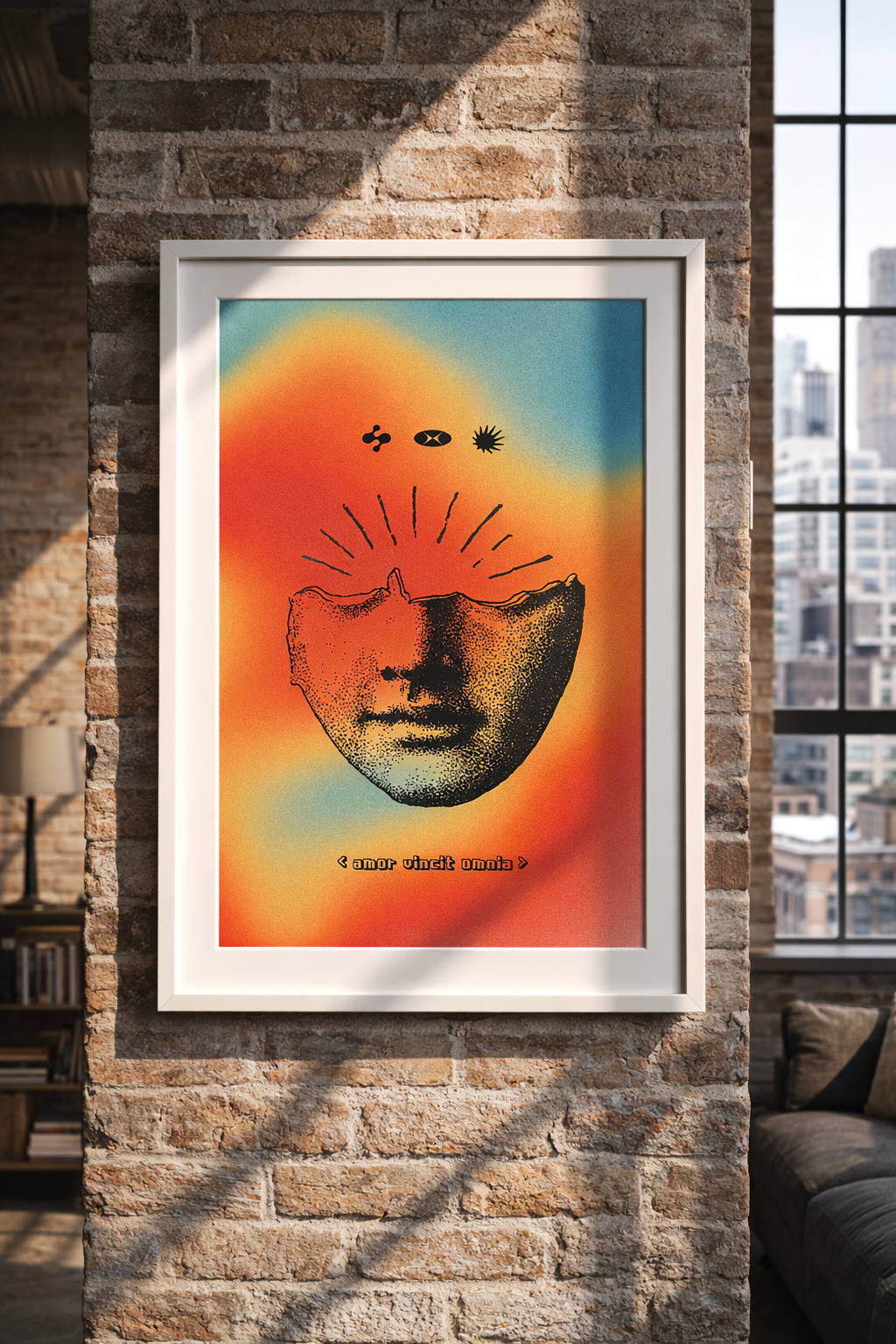 Framed surrealist art in city loft.png