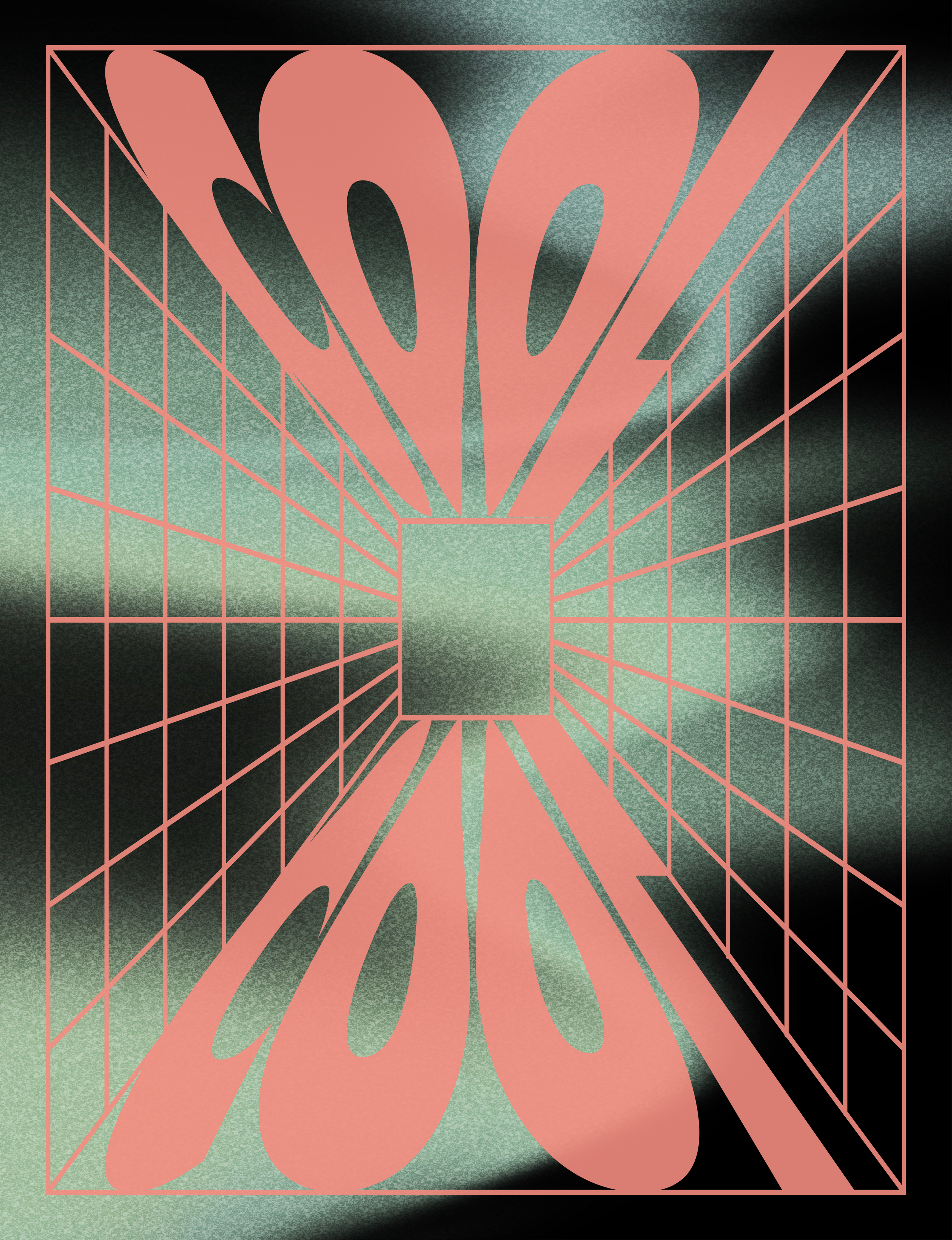 A graphic design with a pink outlined cube and the word 'NO' integrated into the structure, set against a textured gradient background.