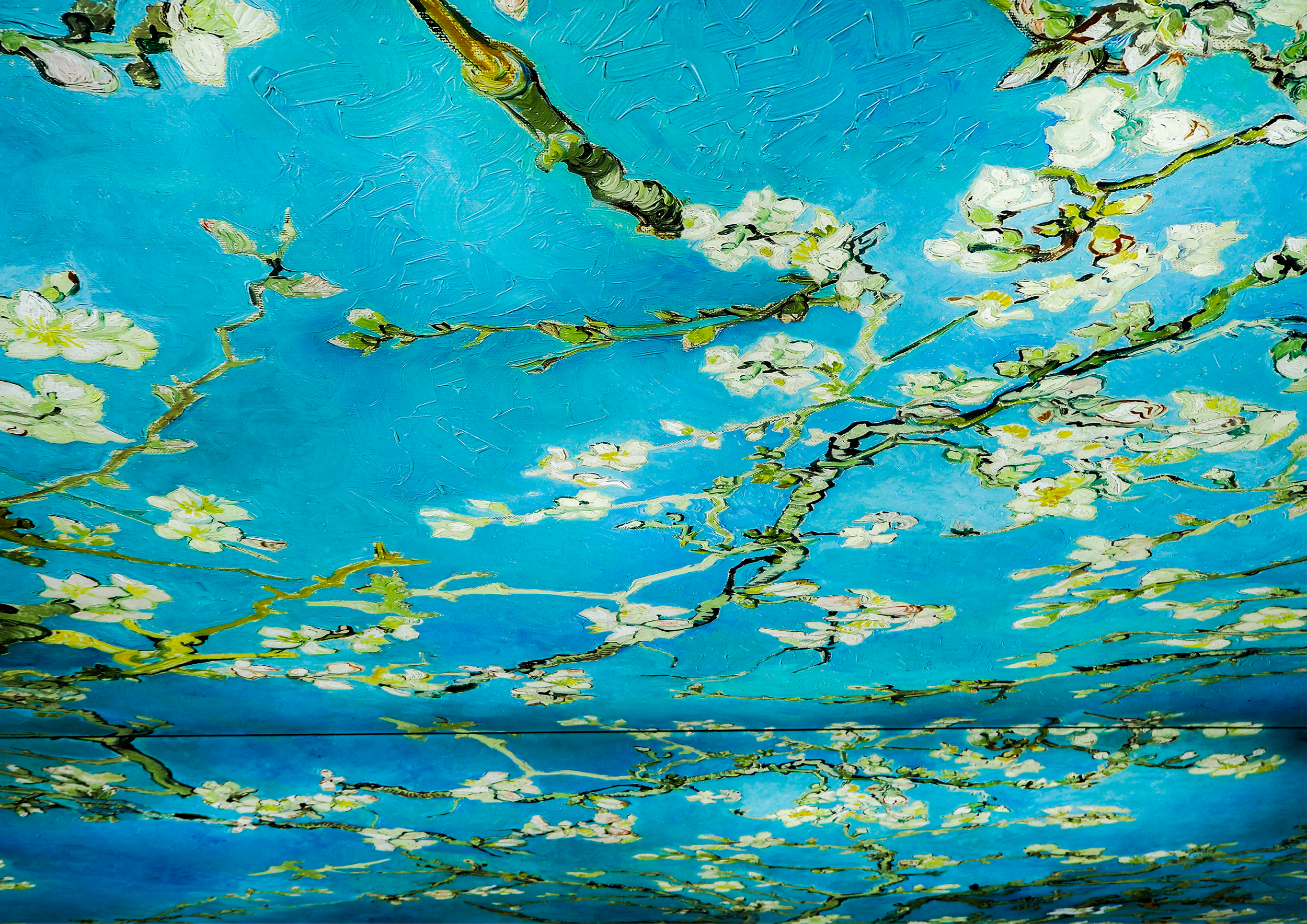 A painting of blossoming branches with white flowers and green leaves against a bright blue sky.