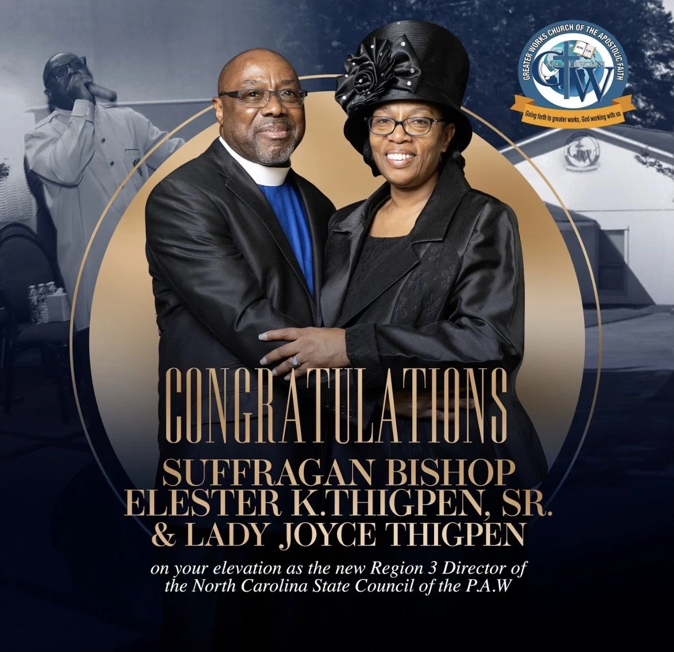 A congratulatory graphic featuring a man and woman dressed formally, with the man wearing a blue clergy shirt and the woman wearing a wide-brimmed hat, in front of a church background. The text announces the elevation of Sufagan Bishop Elester K. Thi