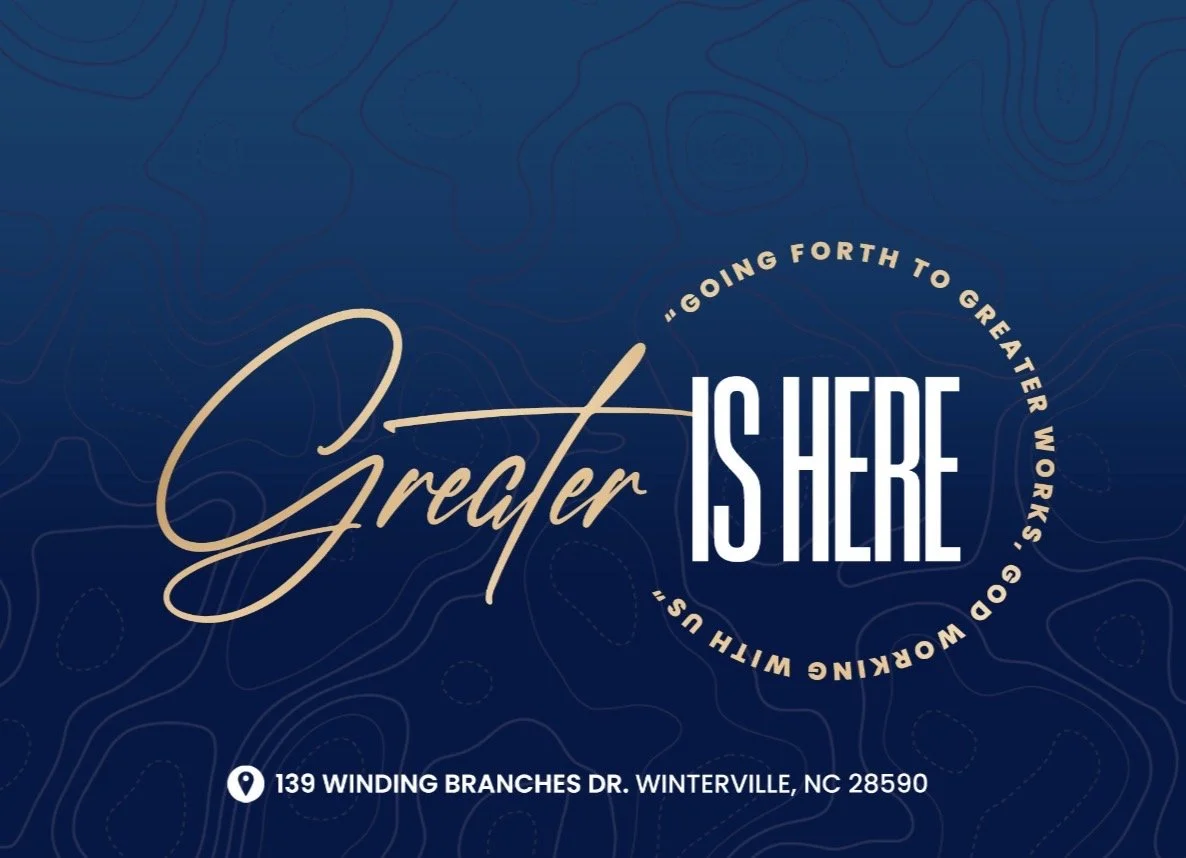 Event poster with a dark blue background and topographical map lines. Prominent text reads "Greater IS HERE" with "Greater" in a cursive font and "IS HERE" in bold uppercase. Circular text around reads "Going forth to greater works, go working with u