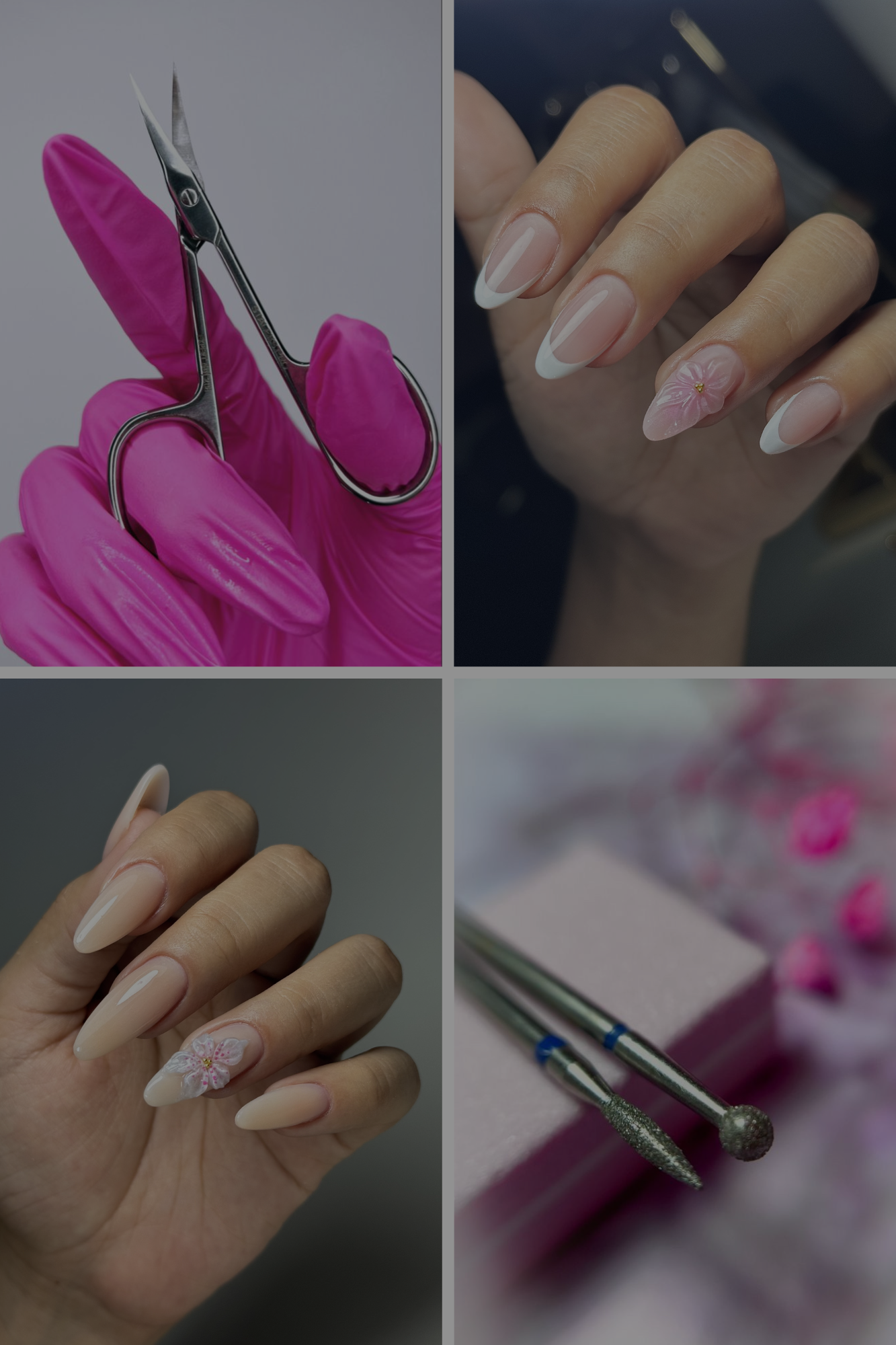 Primera imagen: tijeras y pinzas con guantes rosados. Segunda imagen: mano con uñas arregladas y decoradas con diseño floral. Tercera imagen: uña con esmalte color nude y decoración floral. Cuarta imagen: herramientas para manicura en superficie rosa con flores.