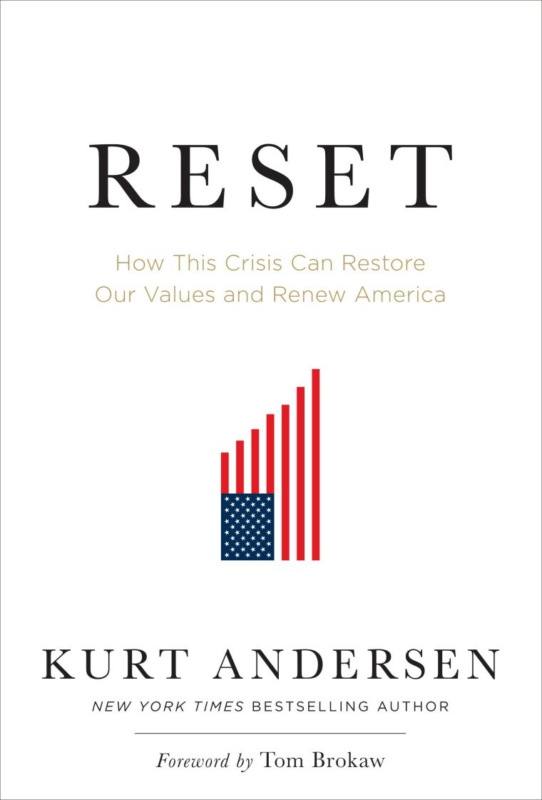 Book cover titled "RESET: How This Crisis Can Restore Our Values and Renew America" by Kurt Andersen, featuring a stylized American flag with a bar chart design in red, white, and blue.