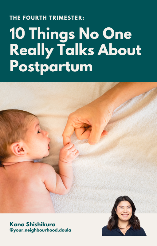 Cover of a guide titled '10 Things No One Really Talks About Postpartum' by Kang Shishikura, featuring a baby lying on a blanket reaching for an adult's finger, and a photo of the author with long dark hair smiling.
