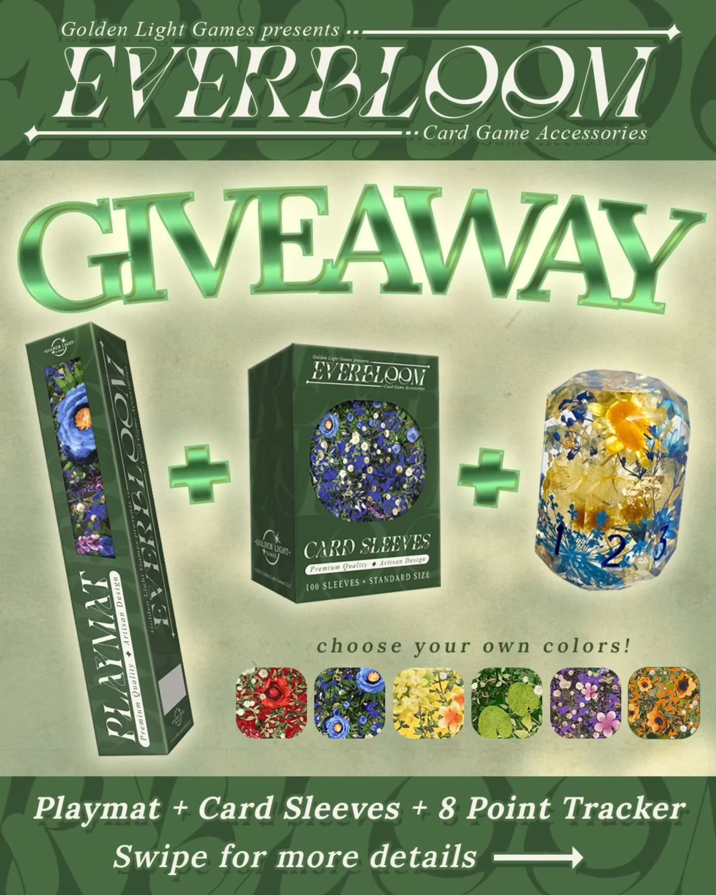✨💐 ✨ GIVEAWAY OPEN✨💐 ✨ 
To celebrate the launch of our first line of TCG products we are doing a giveaway for a playmat, box if card sleeves and spindown/point tracker D8!
(which you can find the 🔗 to in our bio 💖) 

💐 TO ENTER 💐 
1. Be followi