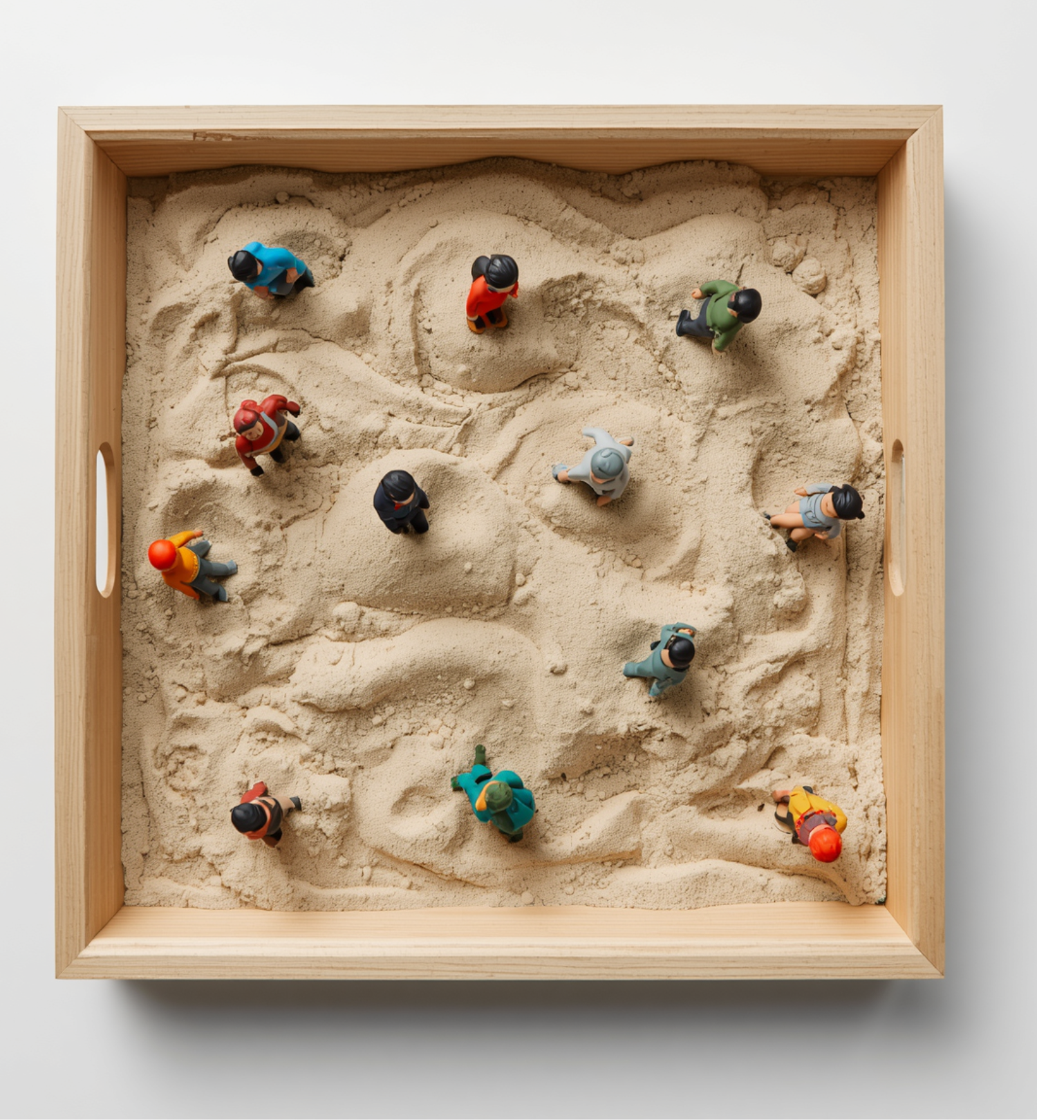 Top-down view of a sand tray with small toy figures scattered inside, surrounded by a wooden frame. Used in sand tray therapy