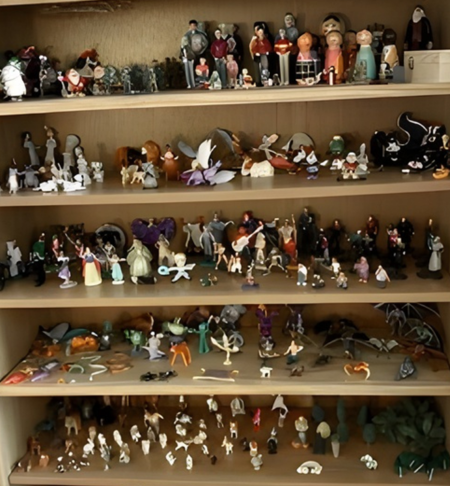 A wooden shelf filled with various small figurines and sculptures of different sizes and themes, arranged on multiple levels.