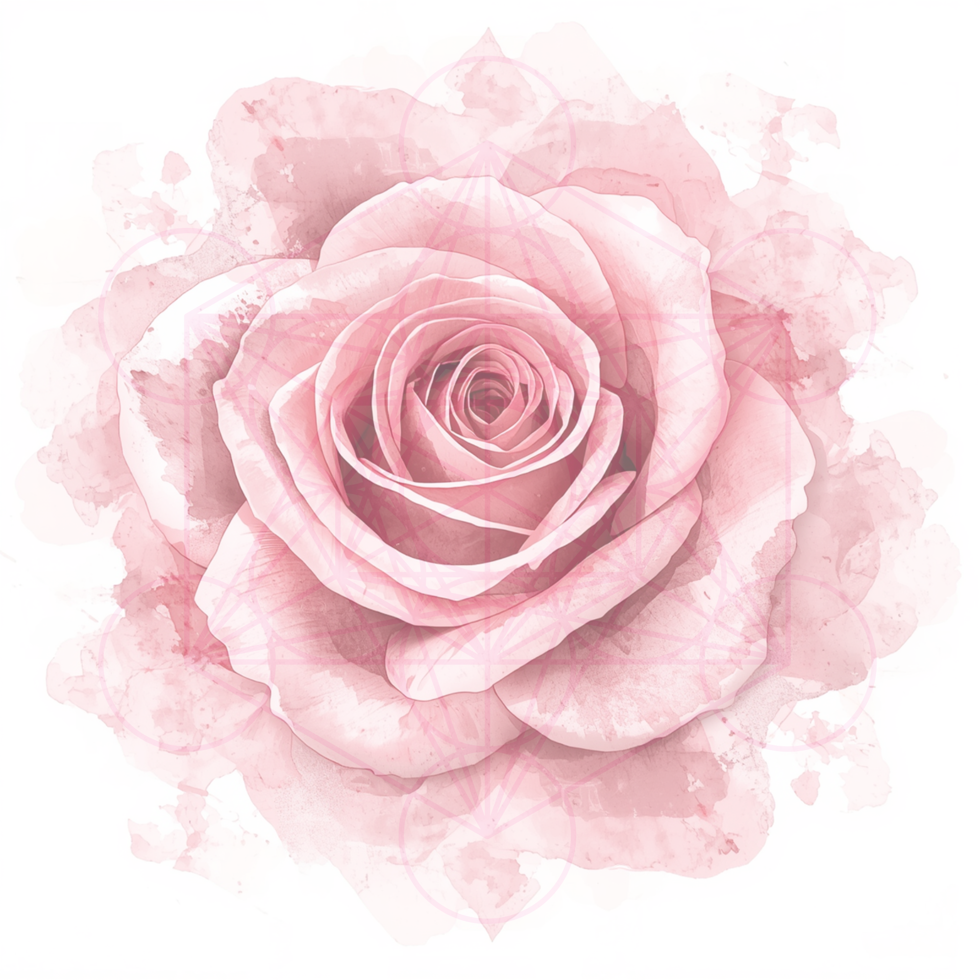 A pink watercolor rose with geometric and sacred symbol overlays on a white background.