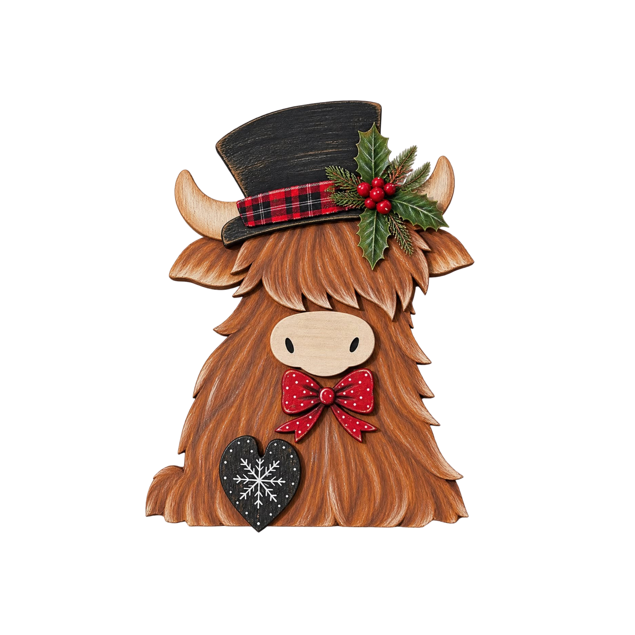 A wooden highland cow figure decorated with Christmas decor, holly leaves, a red plaid ribbon, and a black heart-shaped ornament with a white snowflake design, wearing a black hat decorated with holly and red berries.