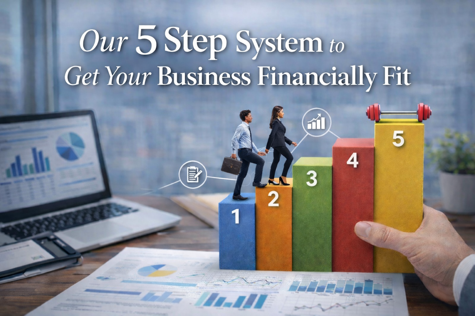 Business professionals climbing colored blocks labeled 1 to 5, representing steps in a system to improve business finances, with charts and graphs in the background.