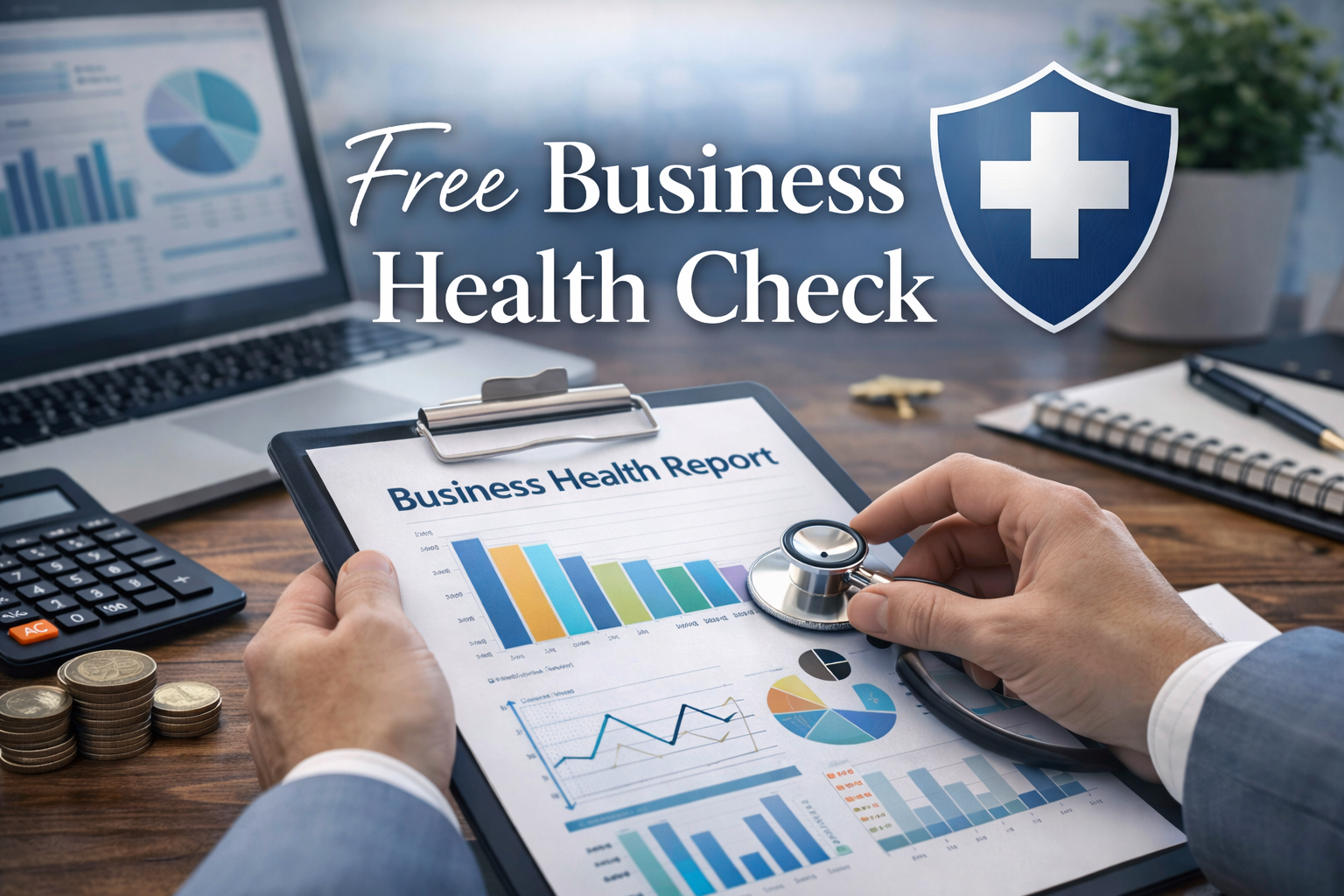 A person in business attire holding a stethoscope and reviewing a business health report with charts and graphs. On the desk are a calculator, stacks of coins, a laptop displaying a financial chart, a notebook, and a pen. Text overlay reads 'Free Business Health Check' with a shield icon featuring a white cross.
