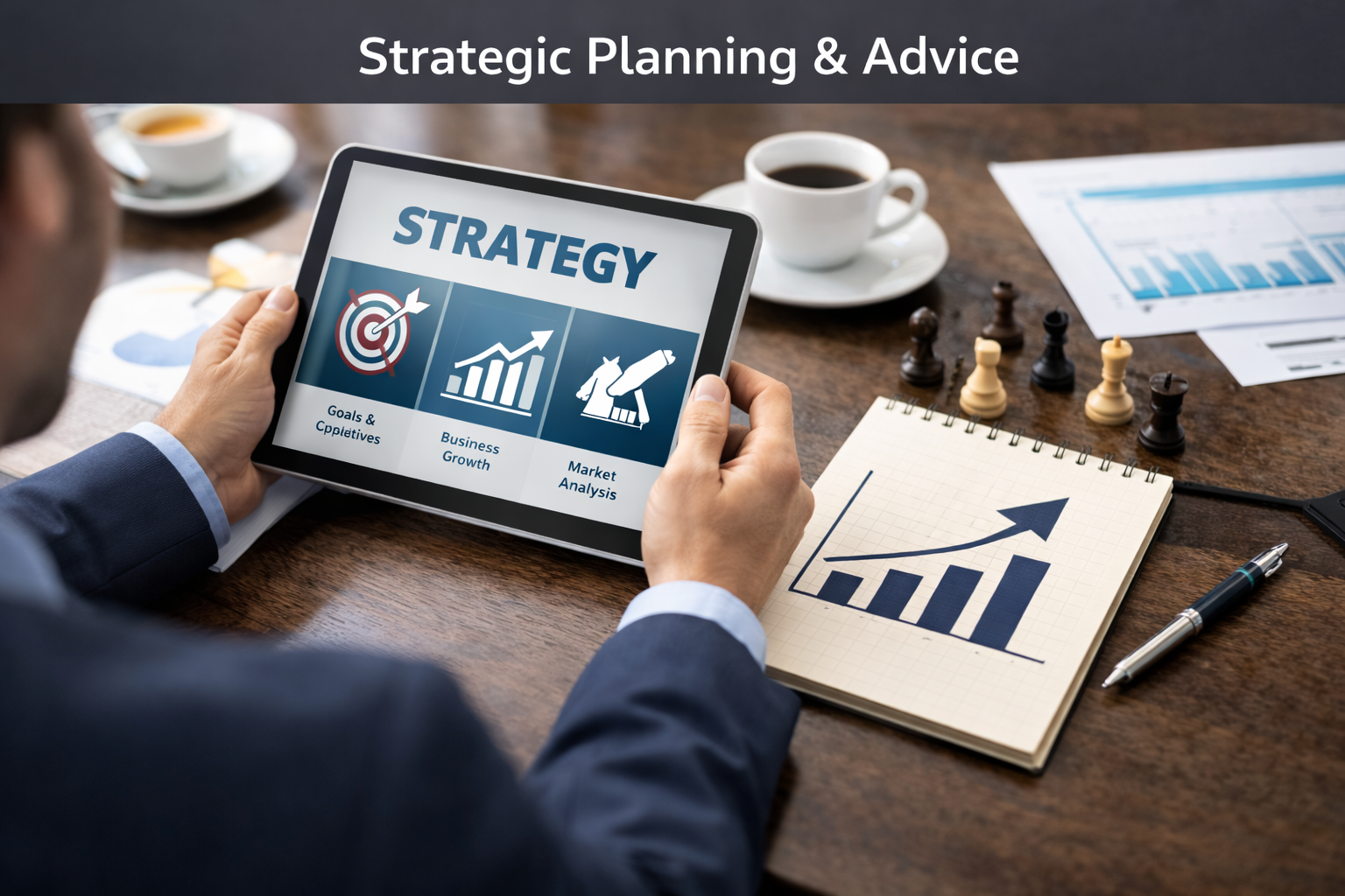 Person holding a tablet displaying strategy icons labeled Goals & Objectives, Business Growth, and Market Analysis, with a bar chart on a notebook, cups of coffee, and documents with graphs on a wooden table.