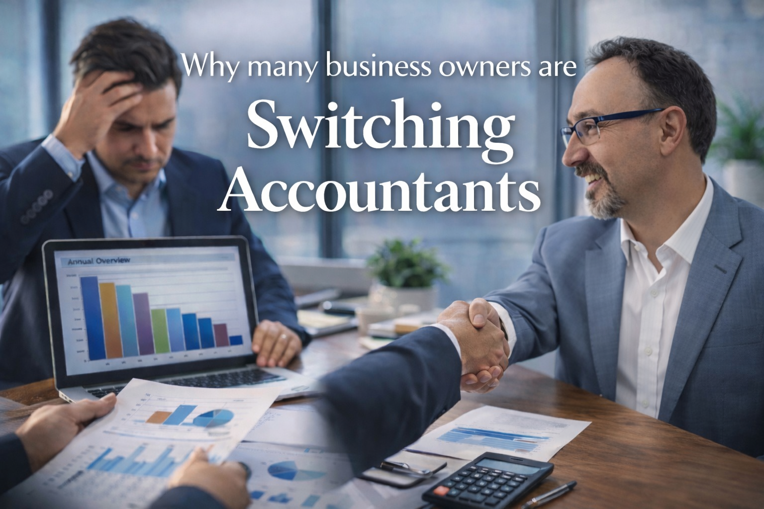 Two business men shaking hands in an office, with financial documents and a laptop displaying bar charts and graphs on the table. One man is wearing glasses and a light blue suit, appearing confident, while the other man is slightly stressed with his hand on his head.