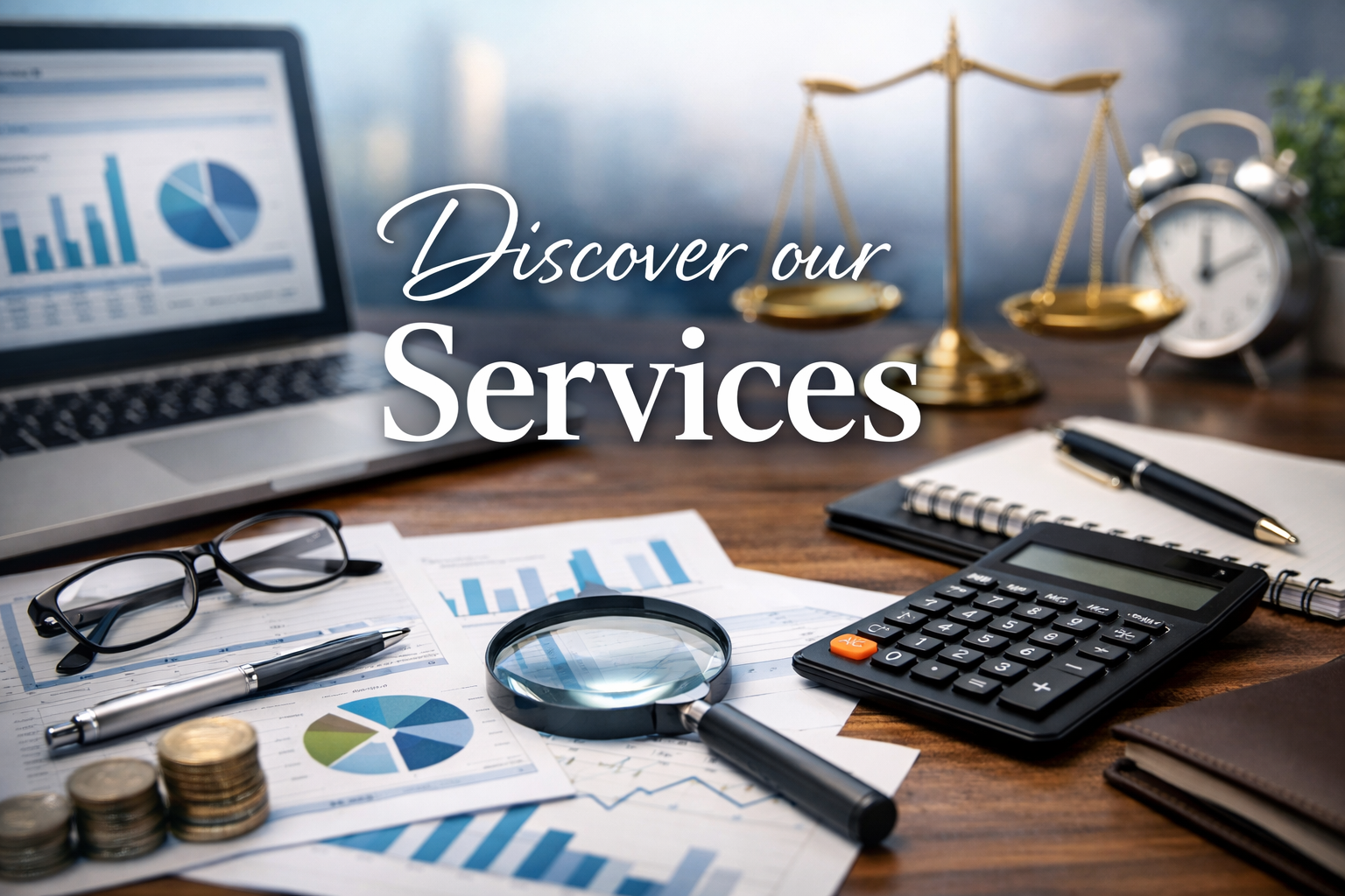 Desk with financial documents, glasses, pen, magnifying glass, calculator, notepad, coins, a laptop displaying graphs, gold balance scales, clock, and a potted plant, with the overlaid text "Discover our Services."
