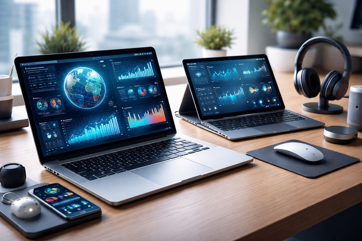 A workspace with two laptops displaying data analytics and world maps, a smartphone, a mouse, a pair of headphones, and various small gadgets on a wooden desk with a window and plants in the background.