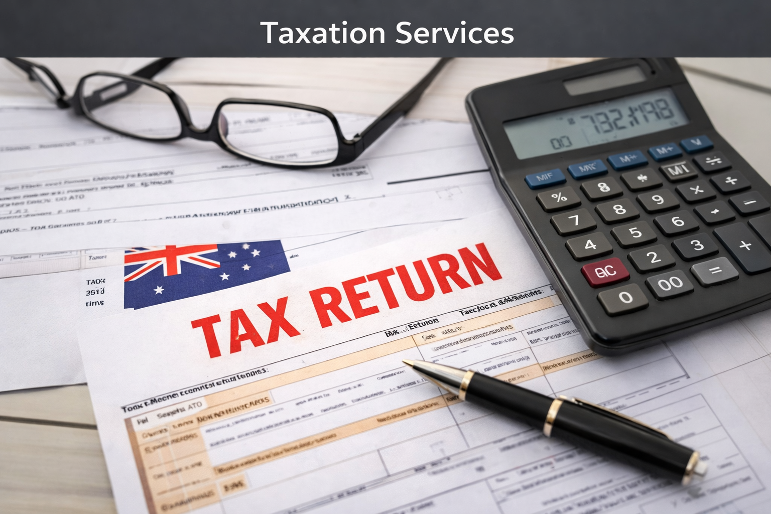 Tax return form with an Australian flag, a pair of eyeglasses, a calculator, a black pen, and papers on a wooden surface.