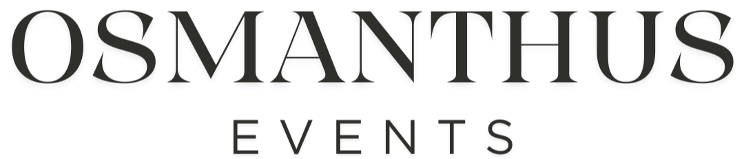 Black text logo on white background, reads "OSMANTHUS EVENTS" in elegant, bold font. Conveys a sense of sophistication and professionalism.