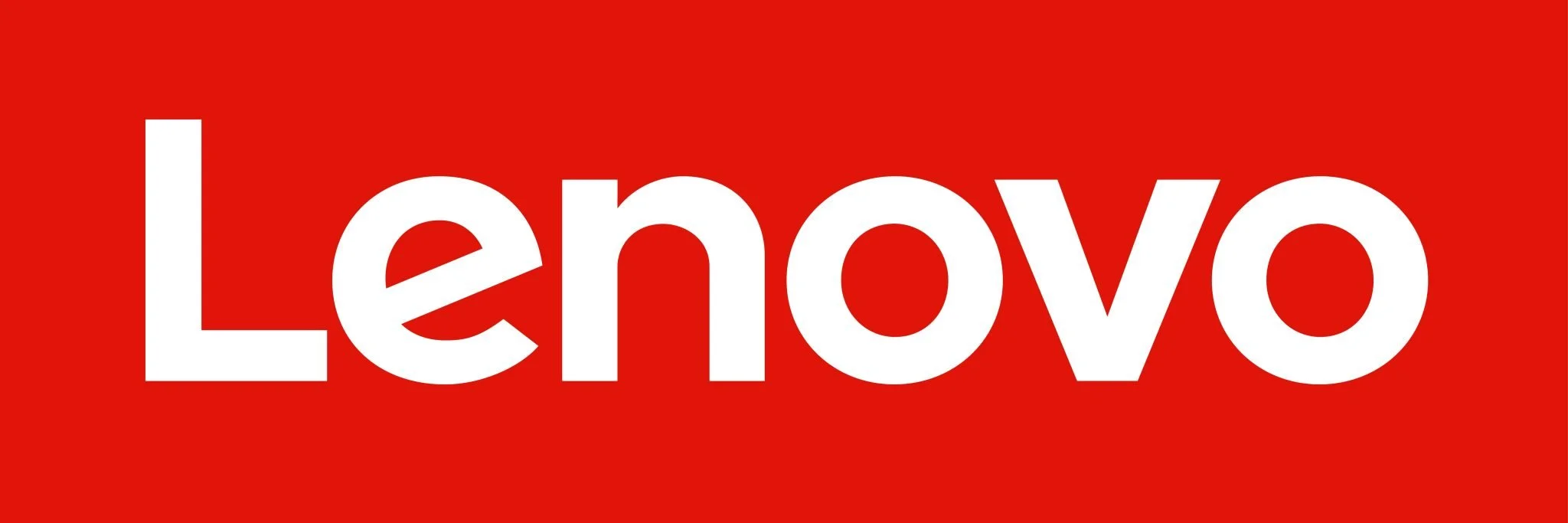 Lenovo logo with white text on a red background.