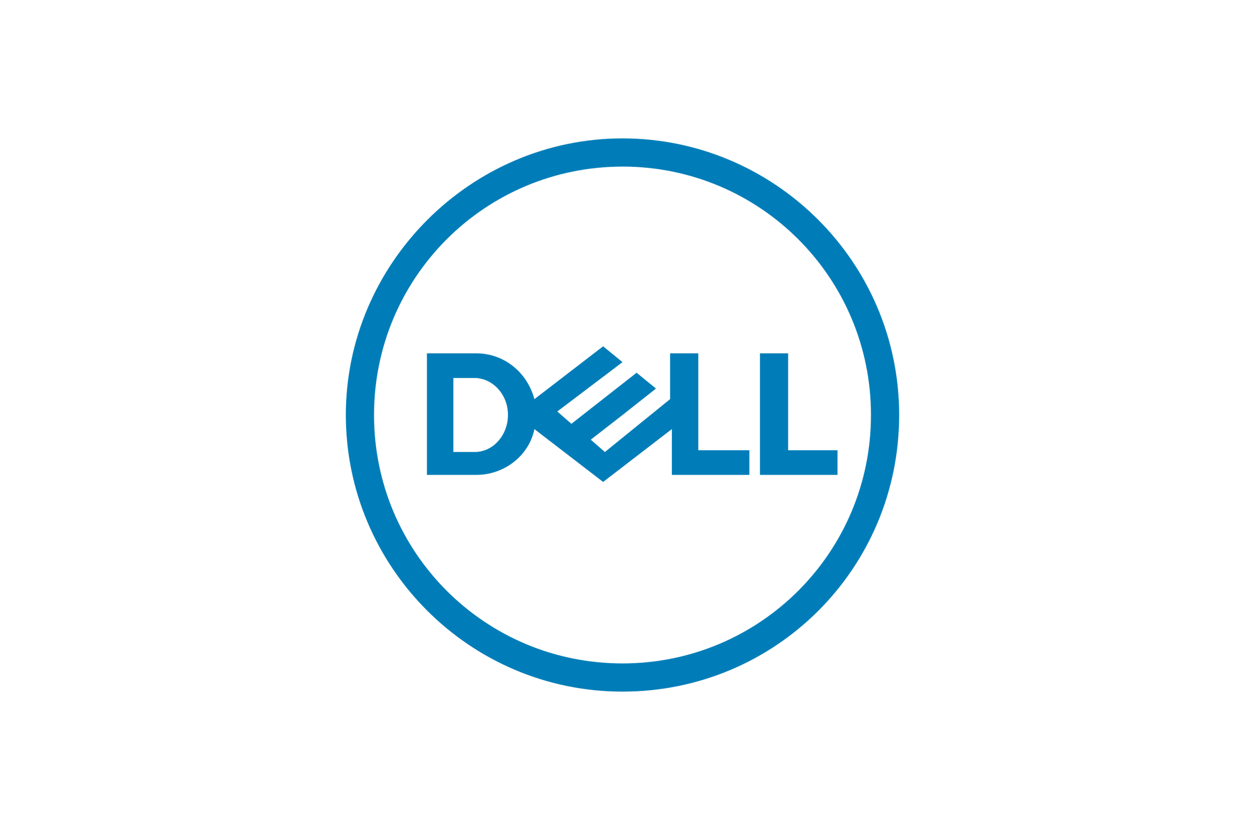Dell logo with blue text inside a blue circle on a black background.