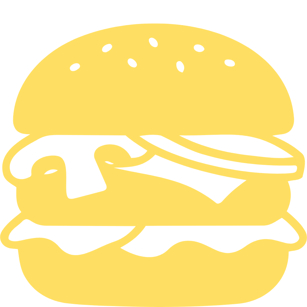 Simplified graphic of a burger with a top bun, lettuce, cheese, a patty, and a bottom bun.