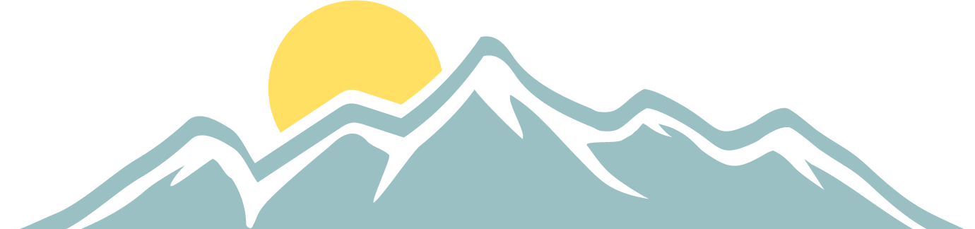 Simplified illustration of a mountain range with a rising sun in the background.