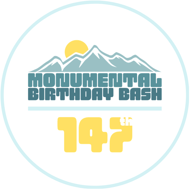 Logo for a mountain-themed birthday bash celebrating age 47, featuring mountains, a sun, and stylized text.
