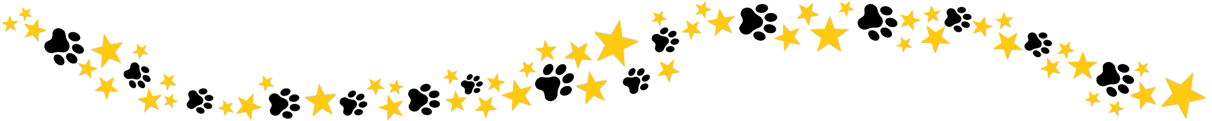 Yellow Stars and black paw prints scattered to form a wavy line.