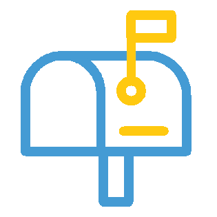 An animated blue mailbox with a yellow flag opening to receive a yellow envelope and then closing.