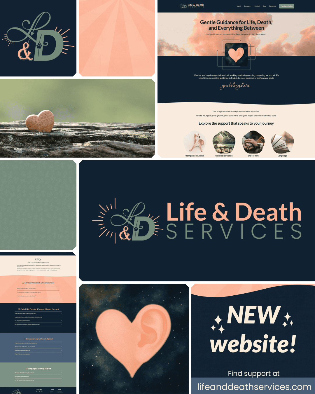 Collage of images and graphics promoting Life & Death Services, including a website homepage, a heart-shaped stone on wood, a logo, heart symbols, with text about support for life and death transitions.