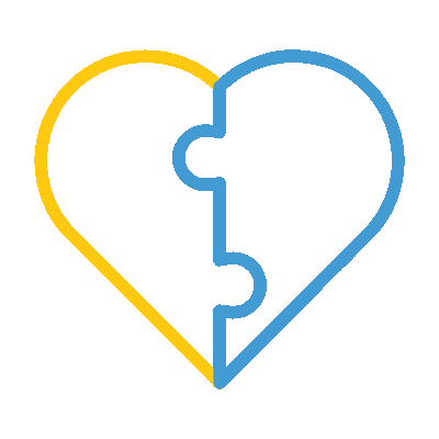 An animated puzzle heart with two pieces coming together to form a full heart.