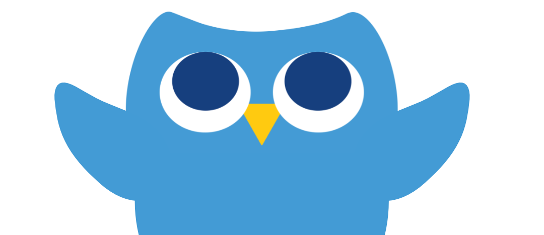A cartoon blue owl named Lorem with big round eyes and a yellow beak with his wings out as if juggling.